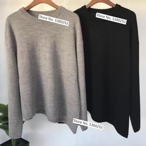 100% Wool Womens Sweater Black and Gray Knitted Solid Color Long-Sleeved O-neck Loose Pull Top 2019 Autumn Winter