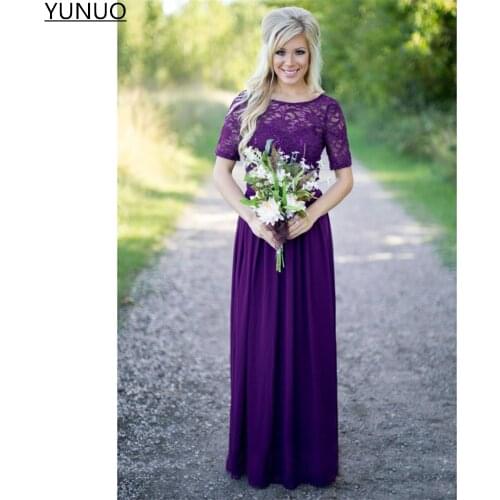 YUNUO 2021 Purple Bridesmaid Dresses Short Lace Sleeves Open Back Chiffon Wedding Maid of Honor Dress robe de soirée de mariage