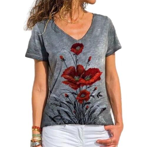 Summer Tshirt Floral Print Pullover Tops Women Casual Short Sleeve V-neck Loose Vintage T-shirt Plus Size Femme Fashion Clothes
