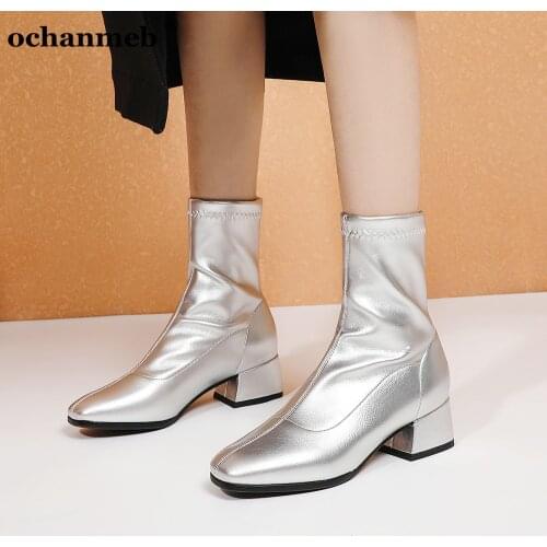 Small Size 32 33 Short Boots Women Shiny Stretch Patent Leather Booties Black White Silver Gold Slim Sock Boots Shoe Botas Mujer