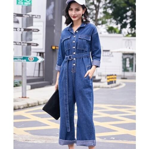 Cargo Long Sleeve Denim Jumpsuit Romper For Women Autumn Bodysuit Wide Leg Jeans Jumpsuit Bf High Waist Jean Overalls Rompers