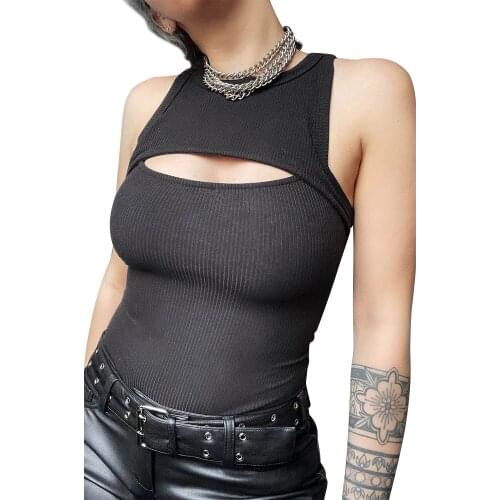 Womens new cutout round neck sleeveless punk fashion sexy solid color jumpsuit sleeveless top
