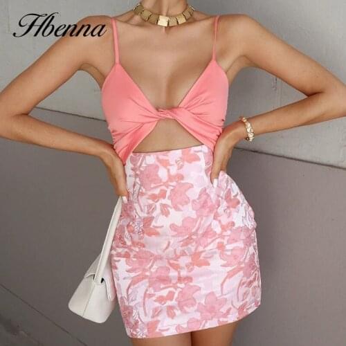 Hbenna Pink 2 Pieces Sets Women Sexy Corset and Mini Skirts 2021 Summer Sets Women Sleeveless V-Neck Floral Skirts Women Slim