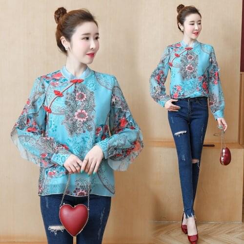 Retro Chinese Style Design Women Chiffon Top Long Sleeve Elegant Cheongsam Vintage Buckle Ruffled Floral Blouse Female