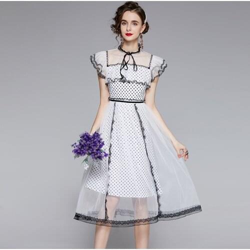 JSXDHK 2021 New Summer Mesh Ploka Dot Long Dress Elegant Women Short Sleeve Ruffles White Lace Patchwork Tulle Bow Holiday Dress