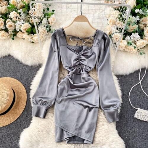 Ordifree 2021 Spring Autumn Women Short Satin Dress Backless Draped Sexy Slim Tunic Party Mini Dress