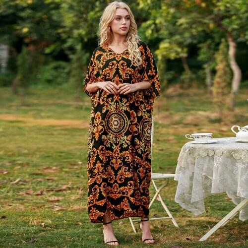 2021 Summer Dress Women V Neck Short Sleeve Retro Floral Printing Vintage Dress Loose Oversized Plus Size Islamic Clothing