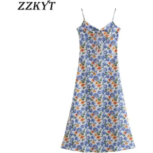 ZZKYT 2021 Women Summer Vintage Floral Print Bow Tie Midi Dress Fashion Sexy V Neck Sleeveless Backless Female Party Dresses