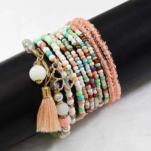 9Pcs/set New Trendy Charming Rice Bead Bracelets with Leaf Pendant Bohemian Bracelet & Bangles For Women Jewelry Accessory