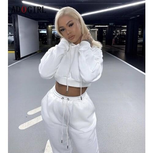 Adogirl Autumn Hooded Two Piece Set Full Sleeve Tops + Pants Solid Matching Sets Fashion Fitness Outfits Jogger Tracksuit