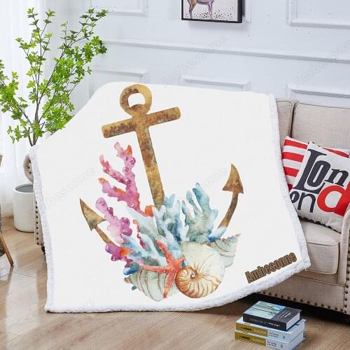 Watercolor Vintage Object Anchor Shell Coral Sherpa Throw Blanket Cartoon Design Bedspread for Kid Velvet Plush Bed Blanket