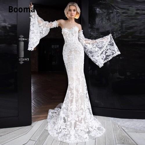 Booma Bohemian Champagne Bridal Gowns Mermaid Long Sleeve Beach Wedding Dress Back Lacing Elegant Princess Party Dress Plus Size