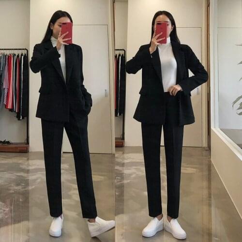 Pants suits elegant woman spring and autumn black solid color fashion office ladies business professional OL two-piece suit