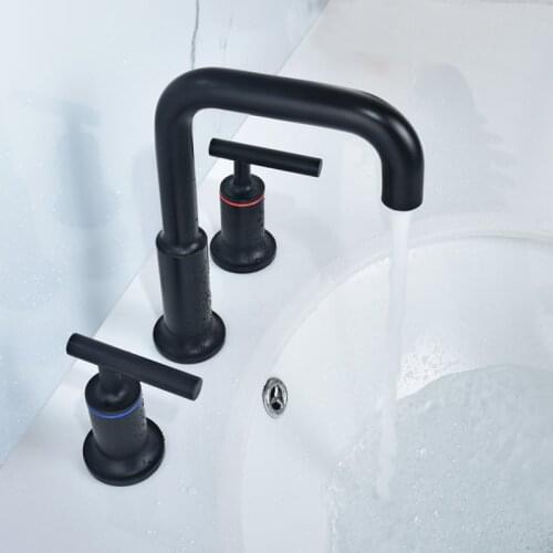 Black Three Pieces Double Handle Deck Mounted Bathroom Bathtub Basin Sink Brass Faucet Hot And Cold Mixer Water Tap