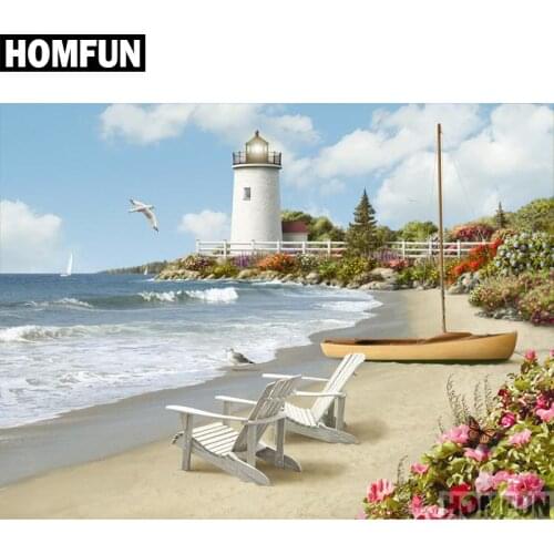 HOMFUN Full Square/Round Drill 5D DIY Diamond Painting "beach lighthouse" 3D Embroidery Cross Stitch 5D Home Decor A00686