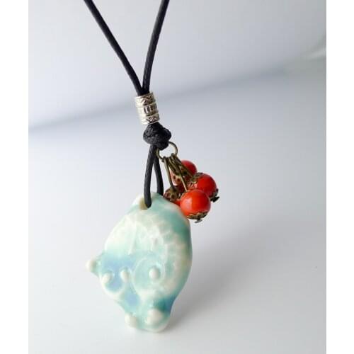 Ceramic Fish pendant Necklaces Jingdezhen Ceramic beads Jewelry Long Rope Handmade DIY fashion Necklace for women #EY111