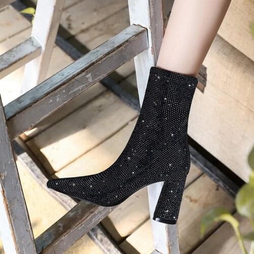 Korean Fashion Banquet Booties Are Slim and Sexy, with Thick Pointed Heel and High Heel Suede Shiny Rhinestone Boots