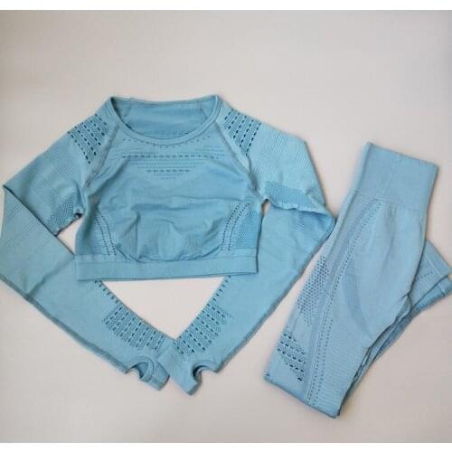 2PCS Women Sport Suit Yoga Set Gym Workout Clothes Long Sleeve Fitness Crop Top + High Waist Energy Seamless Leggings
