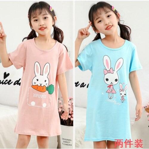 New Kids Girls Nightgown Summer O-neck Night Dress Cotton Nightdress Cartoon Rabbit Cats Baby Clothes Childrens Pajamas