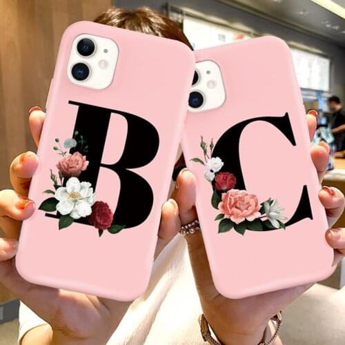 Ottwn Black Letter Flowers Phone Case For iPhone11 12Pro Mini X XR XS Max 8 7Plus Solid Pink Soft Silicone Shockproof Back Cover