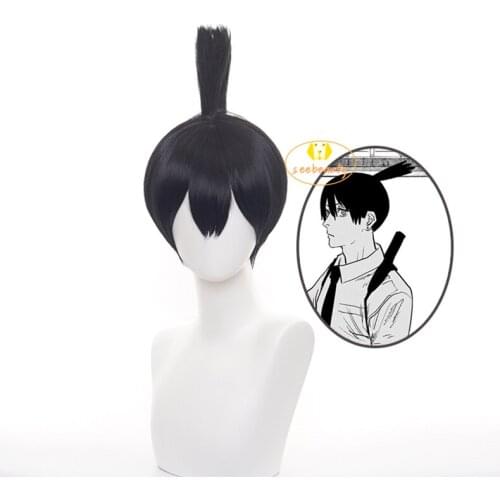Anime Chainsaw Man Aki Hayakawa Cosplay Wig Dark Blue Topknot Style Fiber Hair + Free Wig Cap Halloween Party Role Play Adults