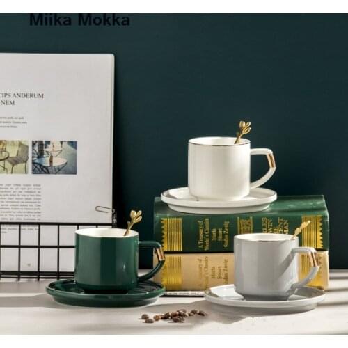 Nordic Style Simple Ceramic Coffee Cup with Dish Spoon Gold Handle Breakfast Milk Cup Juice Coffee Mug Gift for Birthday