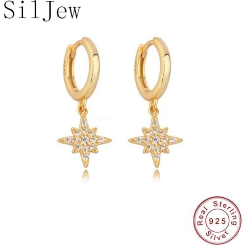 SilJew 925 Sterling Silver Gold Snowflowe Zircon CZ Pendant Piercing Drop Earring Fashion 2020 Fine jewelry Circle Luxury Creole