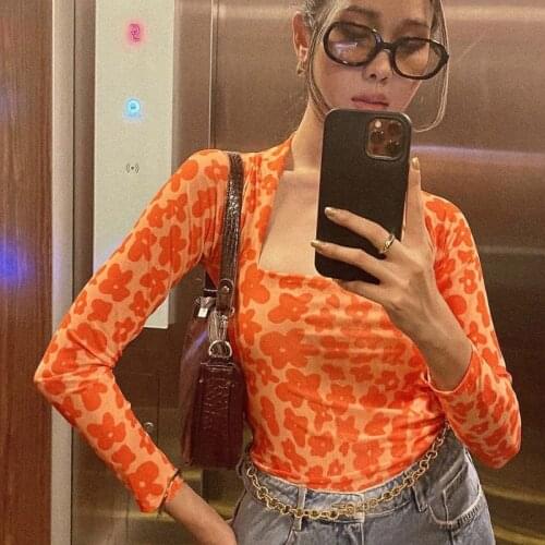 Ladies Blouse Ins Wind Tulle Long-Sleeved Square Collar Flower Print 2021Spring And Autumn New Casual Fashion High Street Orange