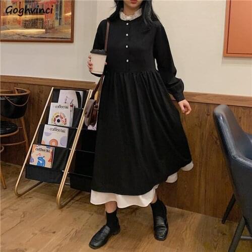 Women Long Sleeve Dresses Preppy Korean Style A-Line Patchwork Button Ruffled Simple Fashion All-match Harajuku Chic Streetwear