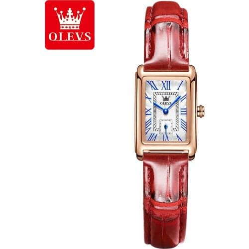 OLEVS Women Fashion Rectangle Wristwatches Red Leather Waterproof Watches Ladies High Quality New Quartz Watches Relojes Female