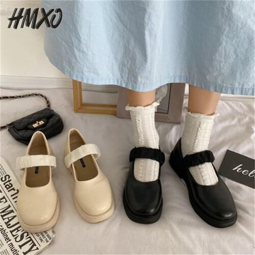 HMXO Hottie Gentle Lace Buds Wild Mary Jane Shoes Women Elegant Square Toe Shallow Mouth Thick Heel Single Shoes Women Jk Shoes