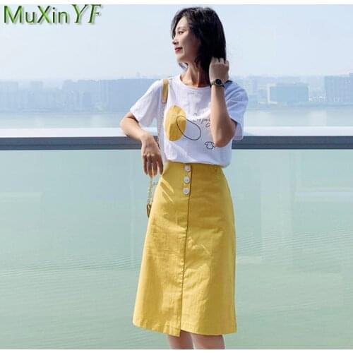 Womens Summer Leisure Clothing Set 2021 Korean Girls Student T-Shirt Skirts Suit Lady Sweet Letter Short Sleeve Yellow Dresses