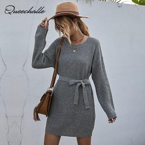 Womens Pullover Autumn Winter 2021 Solid Color Belt Ties Loose and Lazy Long Sweater Dress Office Lady Casual Jumper
