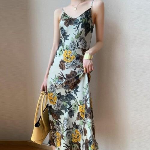 Summer V-neck print womens suspender skirt 2021 new French spaghetti with retro sleeveless fashion sexy print dress