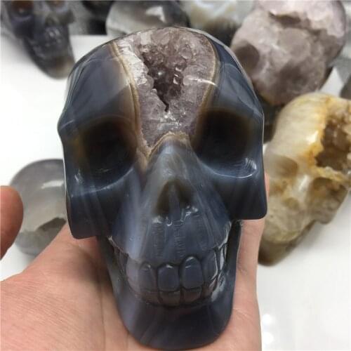 1pc Natural Crystal Stone Agate Hole Skull Figurines Crystal geodes Home Decor Healing Meditation Rune Reiki Guardian Angel