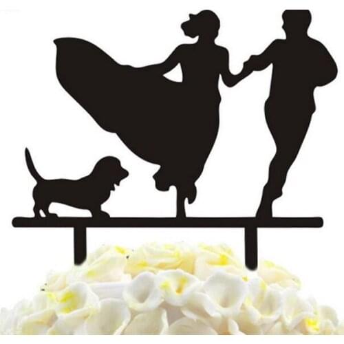 100pcs/lot Creative Running Couple with a dog design Acrylic Wedding Cake Topper Party Cake Decorations