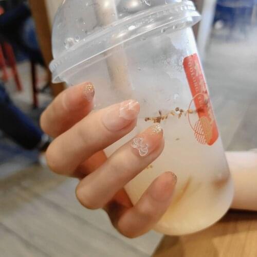 24Pcs/Set False Nails Full Cover Fake Nails Crystal 3D Bow Pink Gradient French Short Nails Ellipse Shape Short Fake Nails