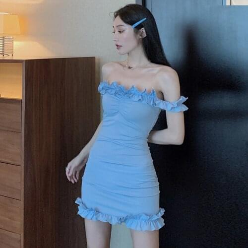 C2769 2020 new summer women fashion temperament Sexy lace off-the-shoulder package hip dress cheap wholesale