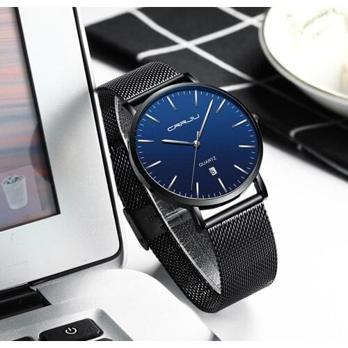 Unisex Gift Watches CRRJU Mens Blue Dial Mesh Watches Ultra Thin Casual Quartz Watch for Men Sport Date Clock Relogio Masculino