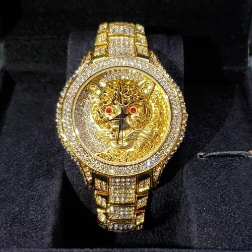 Hip Hop MISSFOX New Tiger Mens Watches Fashion Luxury Brand Personalized Male Iced Out Watch 18K Gold For Men Classic Jewelry
