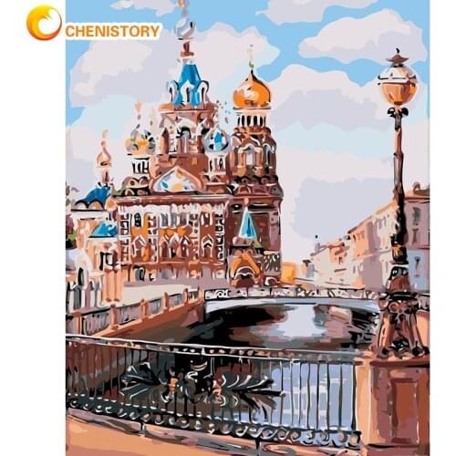 CHENISTORY Paint By Numbers 60x75cm Framed Castle Beside Bridge Landscape Oil Picture By Number Modern Home Bedroom Decor