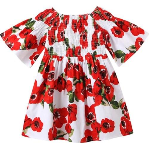1-6Y Kids Girl Summer Dress Flower Print Dress Round Neck Flared Sleeves Skirt детская одежда комплекты одежды