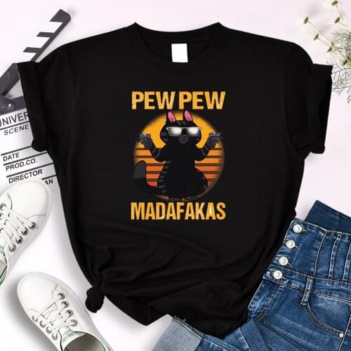 Female Short Sleeve Cat With Gun Letter Pew Pew Madafakas Printed T Shirt Womens Oversized Soft Loose Tops Summer Cozy Slim Tees