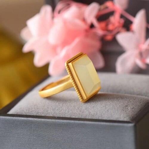 Natural Hetian Jade White Jade Oversized Square Ring S925 Sterling Silver Palace Style Retro Cheongsam Accessories Ring Ornament