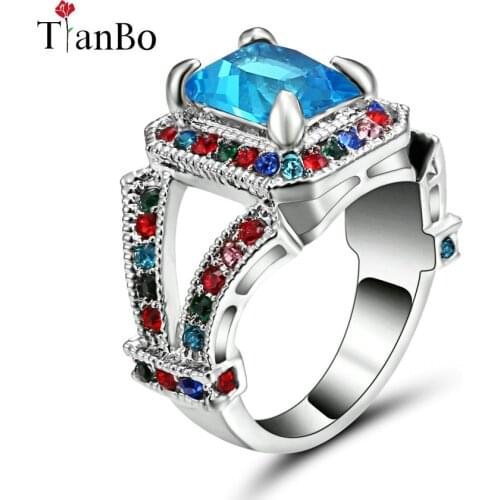 TianBo multicolor Crystal Ring Fashion White & Black & Gold Colour Promise Engagement Rings Size 6 For Women Birthday Stone Gift