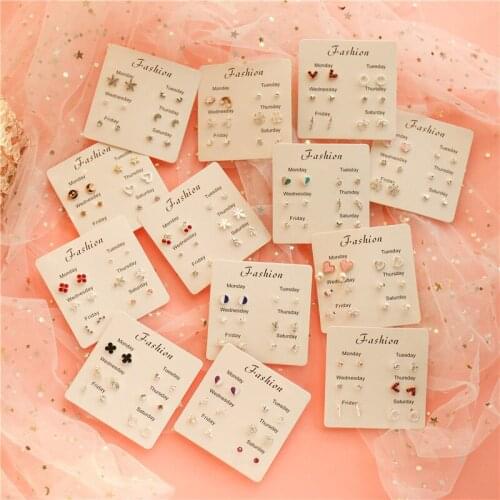 All-match Earring Set Female Leaf Zircon Pearl Earrings Korean Version 925 Love Heart Snowflake Four-leaf Clover Summer Jewelry
