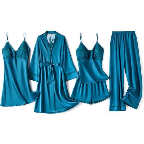 Royal Blue Women Lace Floral 5PCS Robe Gown Set Sexy V-Neck Suspender Skirt Rayon Kimono Bath Pajamas Sleep Suit Loung Home Wear