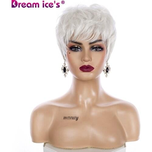 Dream Ice Short Natural Wave Wigs For Women Pixie Cut Synthetic Ombre Blonde White Hair Heat Resistant Fibre Wig With Bangs