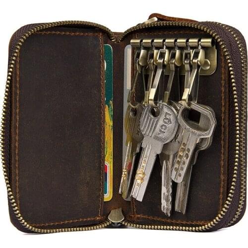 Wallets for Key Real Leather Key Bag Zipper Genuine Leather Key Wallet Coin Card Zip Wallets with Wrist Sling Belt Short