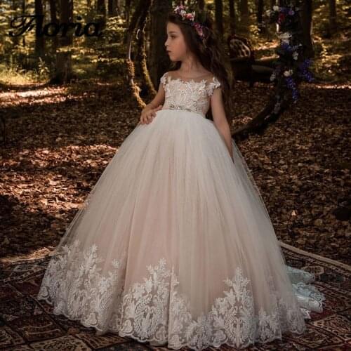 Beautiful Lace Floral Flower Girl Dress 2019 First Communion Dress V Back Champagne Kids Tulle Pageant Ball Gown for Prom Party